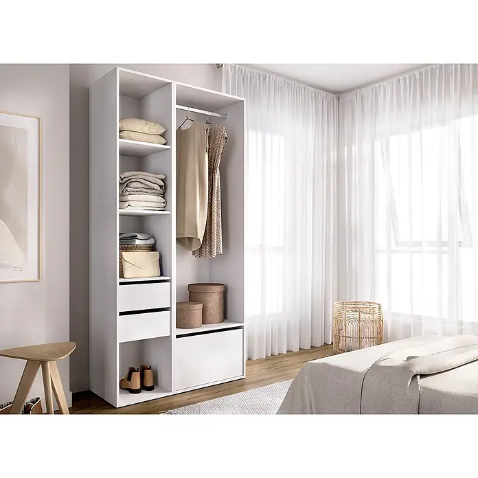 Dekit Armario para ropa Suit - L x An x Al: 45 x 99,5 x 204,5 cm, Blanco/Natural, Trasera reversible - Armario blanco con estantes, cajones y barra para colgar, ofreciendo amplio almacenamiento para ropa y accesorios en el dormitorio.