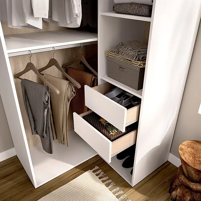 Dekit Armario para ropa Suit - L x An x Al: 104,5 x 84,5 x 204,5 cm, Blanco/Natural, Trasera reversible - Armario modular blanco con barras para colgar, estantes y cajones extraíbles para un almacenamiento organizado.