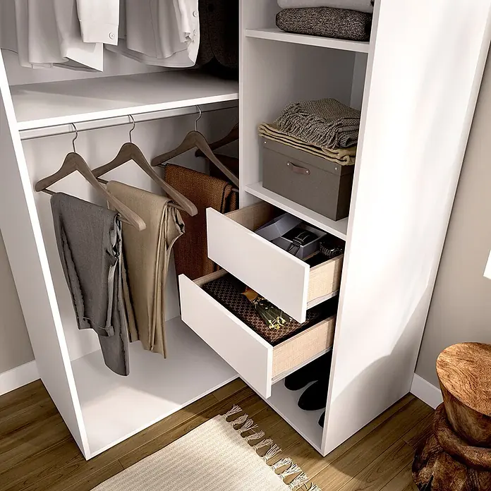 Dekit Armario para ropa Suit - L x An x Al: 104,5 x 84,5 x 204,5 cm, Blanco/Natural, Trasera reversible - Sistema de armario abierto blanco con ropa colgada, artículos doblados y cajones extraíbles. Diseñado para almacenamiento organizado.