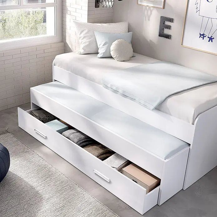 Dekit Cama nido Pema - L x An x Al: 200 x 97,5 x 70 cm, Blanco - Cama nido blanca con tres cajones de almacenamiento, ofrece espacio extra para dormir.