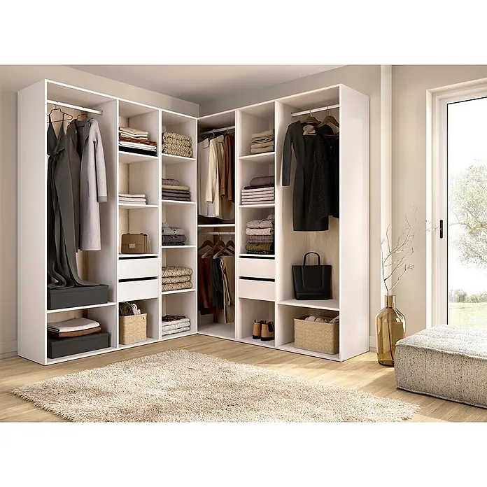 Dekit Armario para ropa Suit - L x An x Al: 186,3 x 182,4 x 204,5 cm, Blanco/Natural, Trasera reversible - Sistema de armario esquinero blanco en forma de L para almacenamiento organizado de ropa, zapatos y accesorios en una habitación moderna.