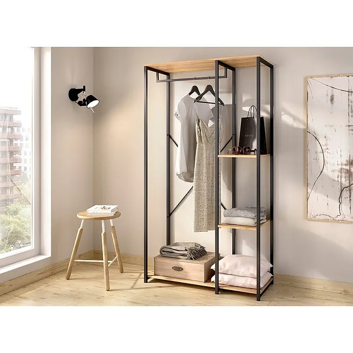 Dekit Armario para ropa Trok - L x An x Al: 40,4 x 90 x 167 cm, Negro/Roble, Acero/Melamina - Armario abierto de estilo industrial con estructura de metal negro y estantes de madera clara.