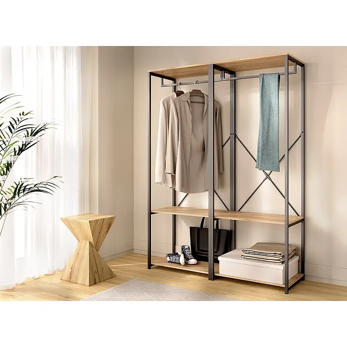 Dekit Armario para ropa Trok - L x An x Al: 40,4 x 120 x 167 cm, Negro/Roble, Acero/Melamina - Armario abierto con estructura de metal oscuro y estantes de madera clara, utilizado para colgar ropa y guardar objetos en un espacio vital.
