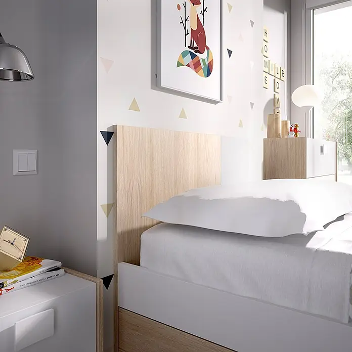 Dekit Cama Dina - L x An x Al: 196 x 97 x 79 cm, Natural/Blanco, Cajones - Cama individual moderna con cabecero de madera clara y estructura blanca, combinada con mesita de noche blanca y de madera a juego en una habitación luminosa.