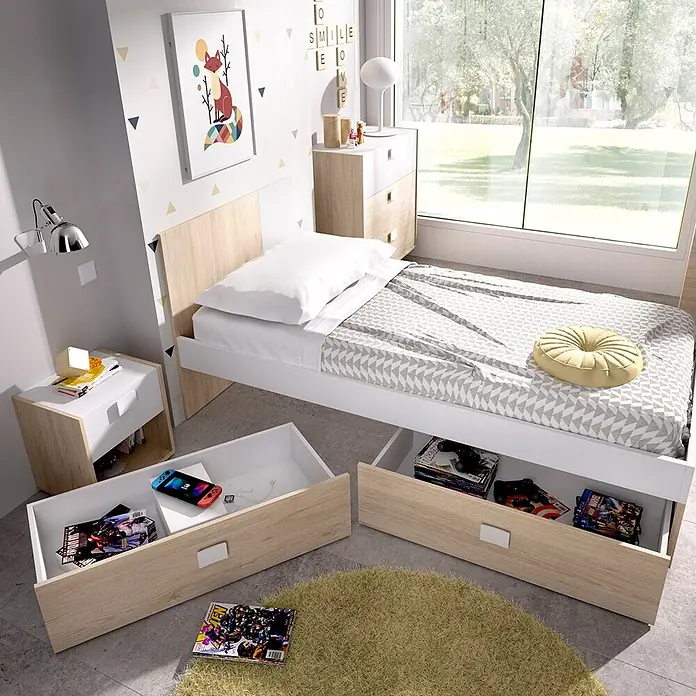 Dekit Cama Dina - L x An x Al: 196 x 97 x 79 cm, Natural/Blanco, Cajones - Cama blanca y de madera clara con cajones de almacenamiento integrados, en un dormitorio infantil.
