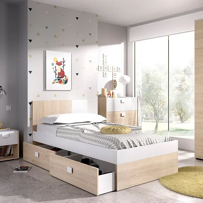 Dekit Cama Dina - L x An x Al: 196 x 97 x 79 cm, Natural/Blanco, Cajones - Cama infantil blanca y de madera clara con cabecero y dos cajones bajo la cama en un dormitorio moderno.
