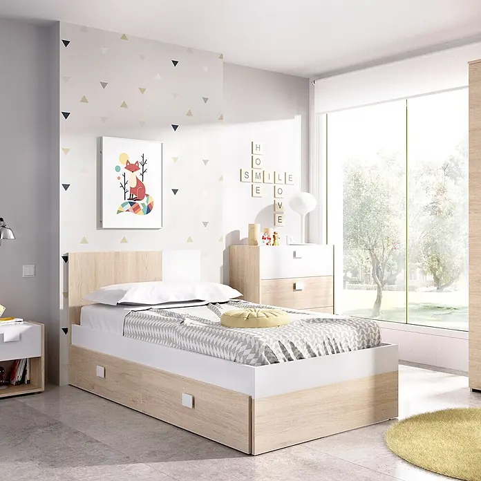 Dekit Cama Dina - L x An x Al: 196 x 97 x 79 cm, Natural/Blanco, Cajones - Conjunto de dormitorio infantil: cama individual con cajones de almacenaje, mesita de noche y cómoda en madera clara y blanca.