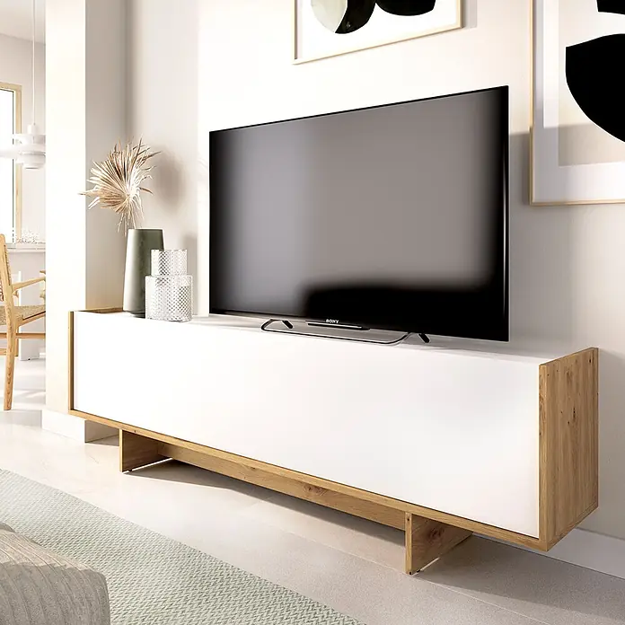 Dekit Mueble para TV Ka - L x An x Al: 30 x 150 x 49,6 cm, Blanco/Roble Nordic - Mueble de TV blanco y madera natural con televisor, en un moderno salón.