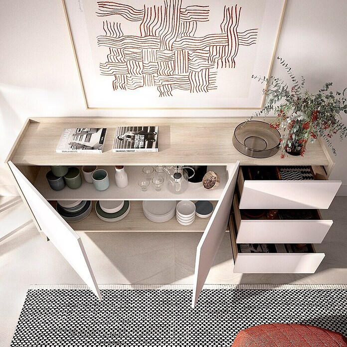 Dekit Bari Aparador (L x An x Al: 40 x 150 x 77,5 cm, Roble Natural/Blanco, Número de cajones: 3 ud., Número de puertas: 2 ud.) | BAUHAUS