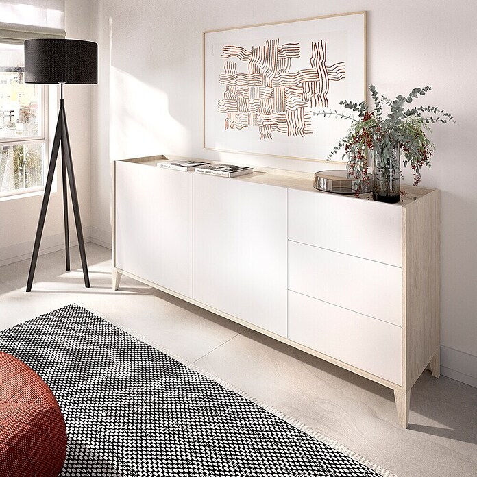 Dekit Bari Aparador (L x An x Al: 40 x 150 x 77,5 cm, Roble Natural/Blanco, Número de cajones: 3 ud., Número de puertas: 2 ud.) | BAUHAUS