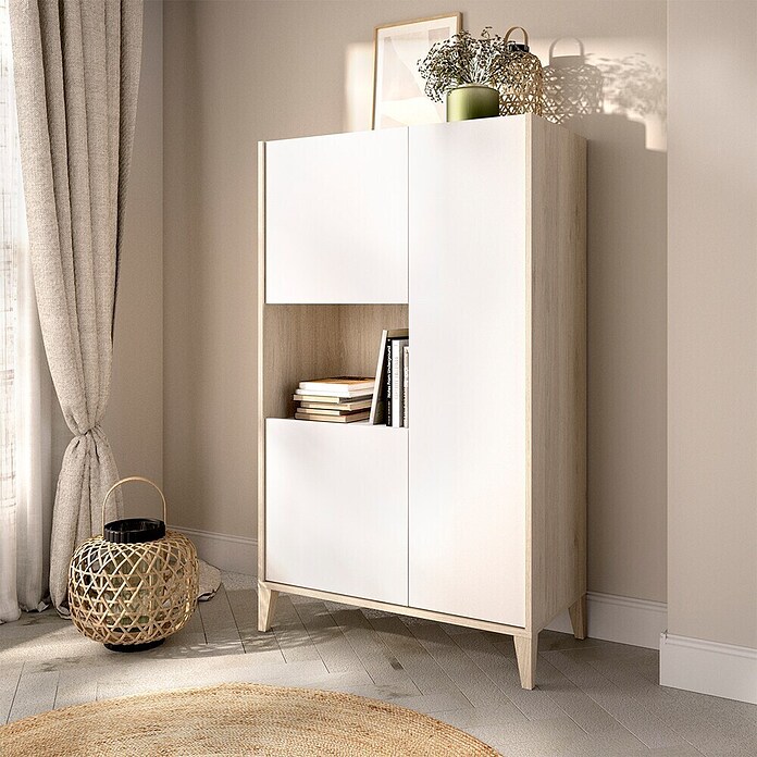 Dekit Bari Aparador (L x An x Al: 43 x 81 x 137,5 cm, Blanco/Natural, Número de puertas: 3 ud.) | BAUHAUS