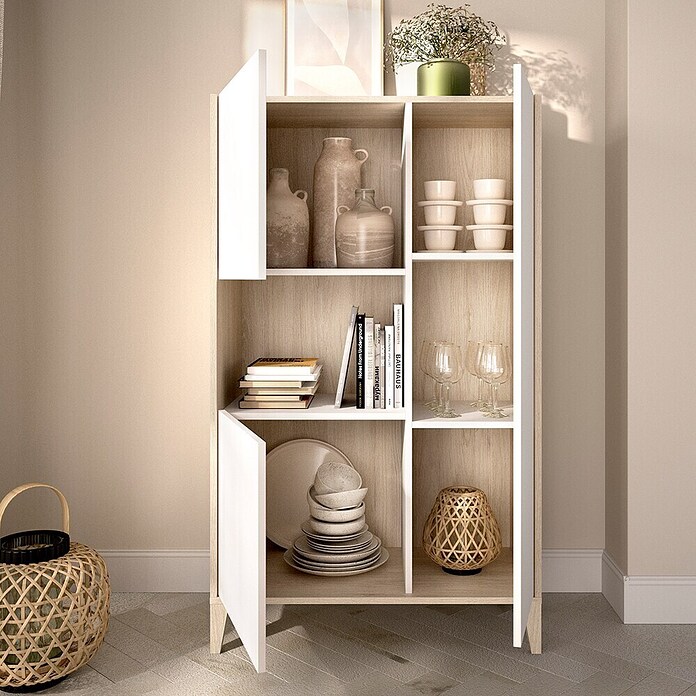 Dekit Bari Aparador (L x An x Al: 43 x 81 x 137,5 cm, Blanco/Natural, Número de puertas: 3 ud.) | BAUHAUS