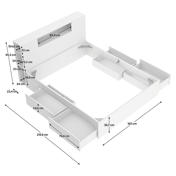 Dekit Ten Cabecero de cama con cama (L x An: 219,8 x 157,2 cm, Blanco, Número de cajones: 4 ud., Específico para: Colchón de 150x190 cm) | BAUHAUS