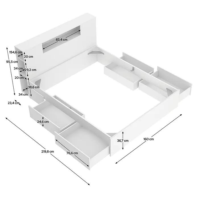 Dekit Ten Cabecero de cama con cama - L x An: 219,8 x 157,2 cm, Blanco, Número de cajones: 4 ud., Específico para: Colchón de 150x190 cm - Estructura de cama blanca con cajones de almacenamiento integrados y cabecero.