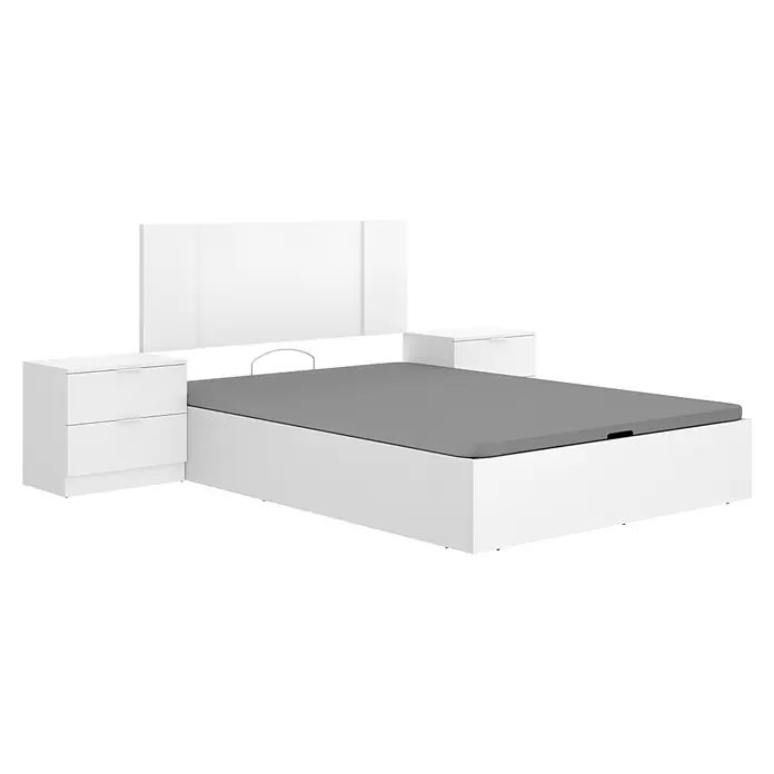 Dekit Set muebles de dormitorio Flow - 4 pzs., Blanco, Específico para: Colchón de 135x190 cm - Cama blanca con colchón gris, cabecero y dos mesitas de noche blancas con cajones.