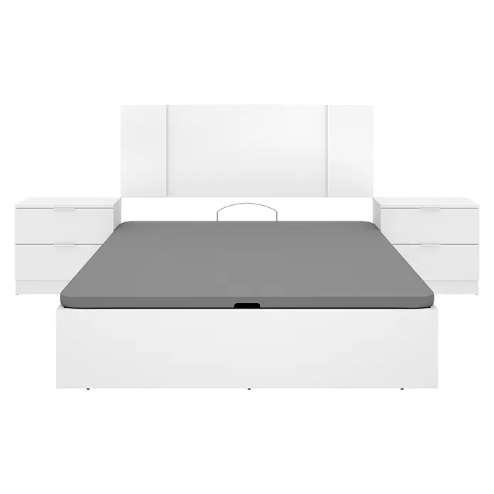 Dekit Set muebles de dormitorio Flow - 4 pzs., Blanco, Específico para: Colchón de 135x190 cm - Cama blanca con colchón y cabecero gris, flanqueada por dos mesitas de noche blancas.