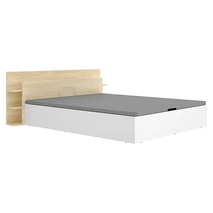 Dekit Cabecero de cama Tori - L x An: 209,2 x 181,2 cm, Roble claro, Con canapé - Cama con almacenaje moderna con cabecero de madera clara, estantes integrados y base blanca, superficie gris. Asa elevadora metálica.
