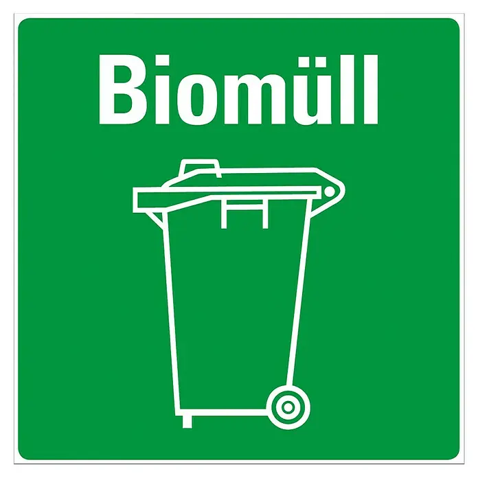 Pickup Aufkleber - L x B: 140 x 140 mm, Biomüll - Grünes Schild mit dem Wort "Biomüll" und einer weißen Zeichnung einer Biotonne für die Entsorgung von Bioabfällen.