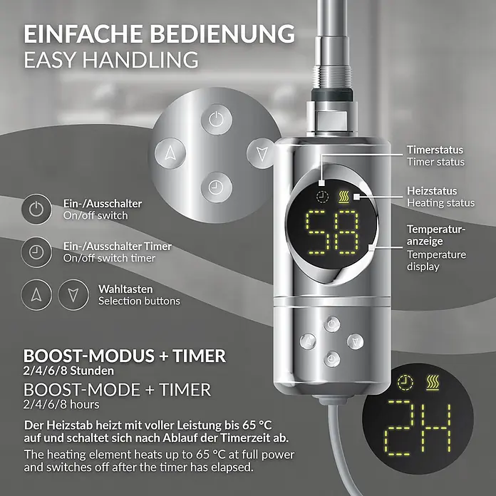 LuxeBath Elektro-Badheizkörper Handtuchwärmer Elektrisch 300x800 mm Chrome gerade mit Heizstab 300W -  - Silberner Heizstabregler mit Digitalanzeige für Temperatur und Timer sowie Bedientasten.