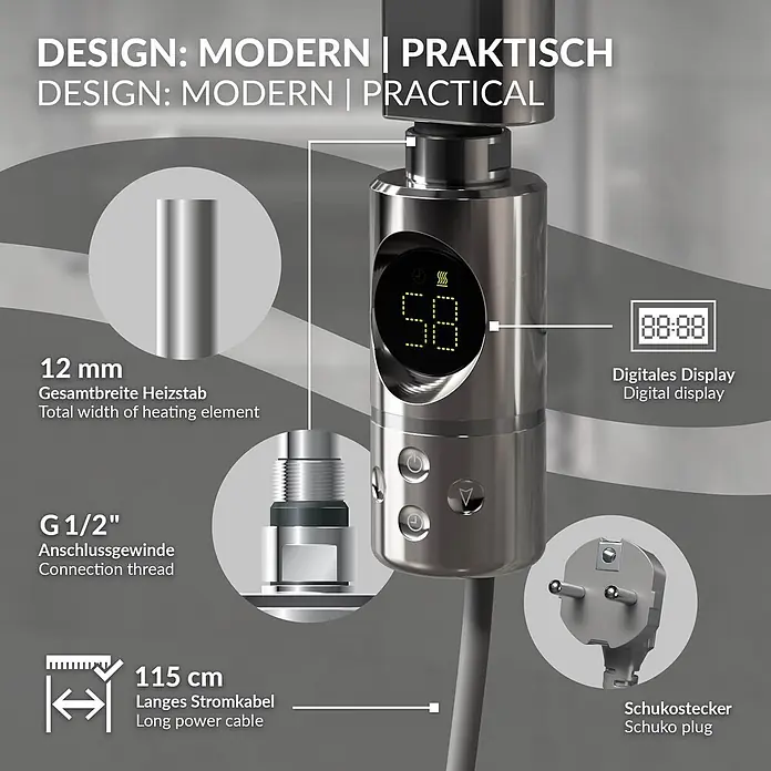 LuxeBath Elektro-Badheizkörper Handtuchwärmer Elektrisch 300x800 mm Chrome gerade mit Heizstab 300W -  - Gebürsteter Elektroheizstab aus Metall mit Digitalanzeige, Tasten, 12mm Breite, G1/2"-Gewinde und Schukostecker.