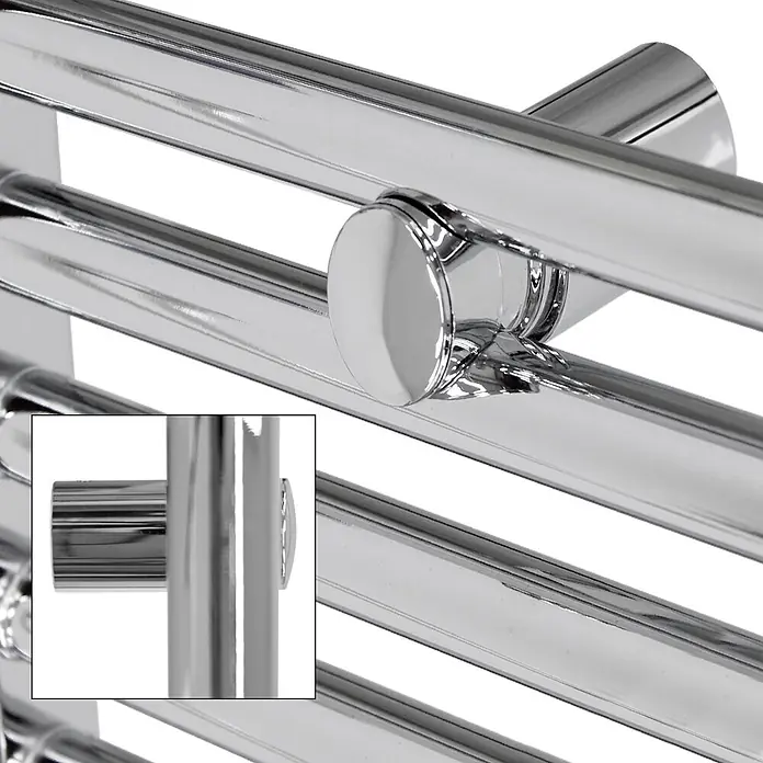 LuxeBath Badheizkörper Design Handtuchheizkörper Handtuchwärmer Seitenanschluss gebogen 190 W - B x H: 40 x 80 cm, Chrom - Nahaufnahme eines glänzenden, polierten Chrom-Handtuchwärmer-Abschnitts mit runder Verbindungshalterung.