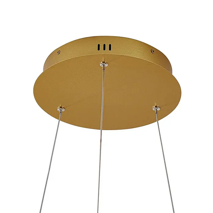 Lucande Pendelleuchte Yonam - L x B x H: 60 x 60 x 4,5 cm, messing / gold, gold, weiß - Runde goldene Deckenhalterung mit drei Befestigungsseilen.