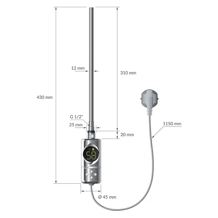 LuxeBath Elektro-Badheizkörper Handtuchwärmer Elektrisch 300x800 mm Chrome gerade mit Heizstab 300W -  - Verchromter Elektroheizstab mit Digitalanzeige, G 1/2"-Gewinde und Netzstecker. Maße abgebildet.