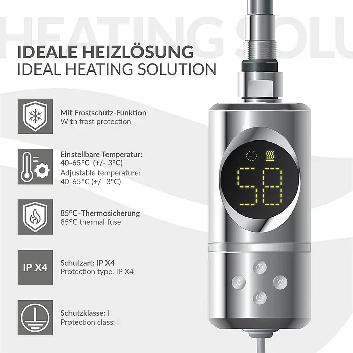 LuxeBath Elektro-Badheizkörper Handtuchwärmer Elektrisch 300x800 mm Chrome gerade mit Heizstab 300W -  - Silbernes Heizelement mit Digitalanzeige '58', Wärmesymbol und Bedientasten. Metallisch glänzend mit Gewindeanschluss.