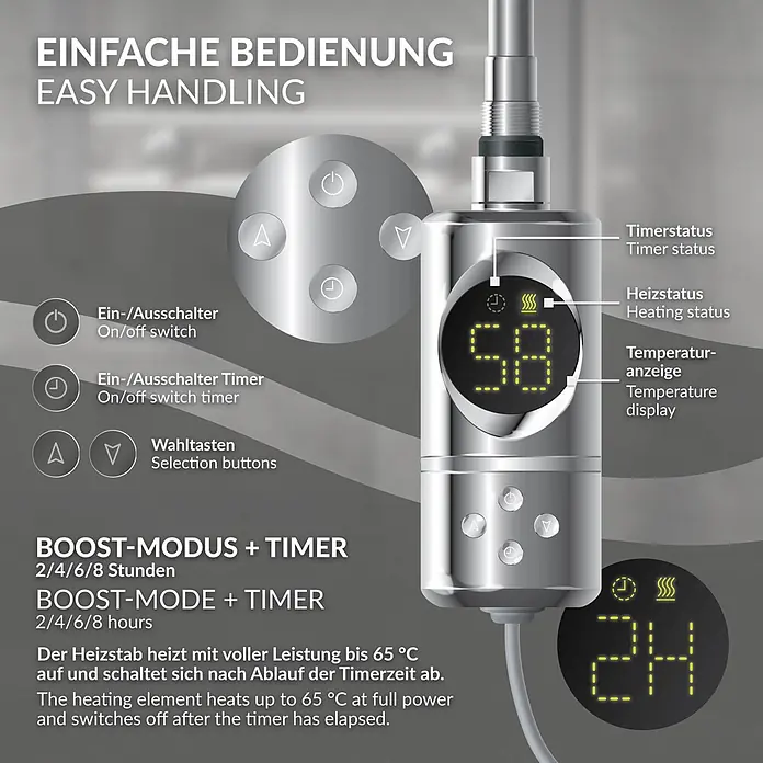 LuxeBath Elektro-Badheizkörper Handtuchwärmer Elektrisch Seitenanschluss mit Heizstab 900W gerade - B x H: 60 x 150 cm - Silberfarbener Heizstabregler mit Digitalanzeige '58' und '24', mit Power-, Timer- und Auswahltasten.