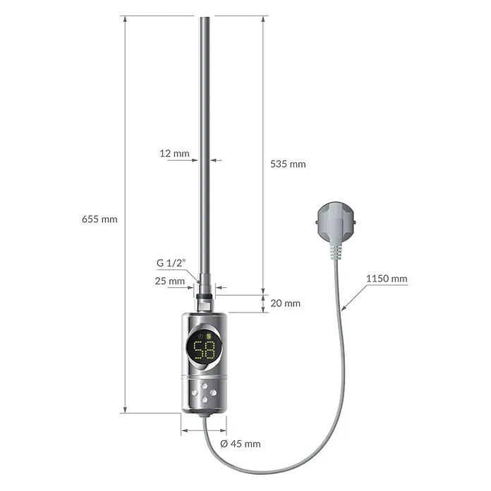 LuxeBath Elektro-Badheizkörper Handtuchwärmer Elektrisch 400x800 mm Chrome gerade mit Heizstab 600W -  - Verchromtes Elektro-Heizelement mit Digitalanzeige und Netzkabel. Maße sind angegeben.