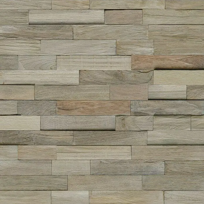 Indo Wandpaneel 3D Wall Gun smoked - Teak, 500 x 200 x 10 mm, 1 m² - Wandverkleidung aus Holzpaneelen in verschiedenen Grautönen für eine rustikale Optik.