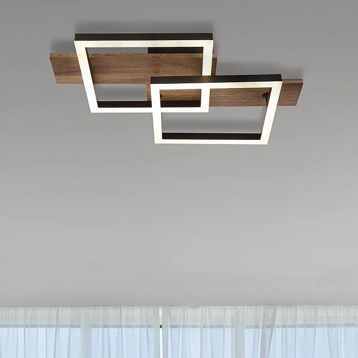 Globo LED-Deckenleuchte Jeffry - 16 W, L x B x H: 440 x 330 x 85 mm, Warmweiß - Moderne LED-Deckenleuchte mit dunklem Holzsockel und zwei überlappenden beleuchteten Quadratrahmen.