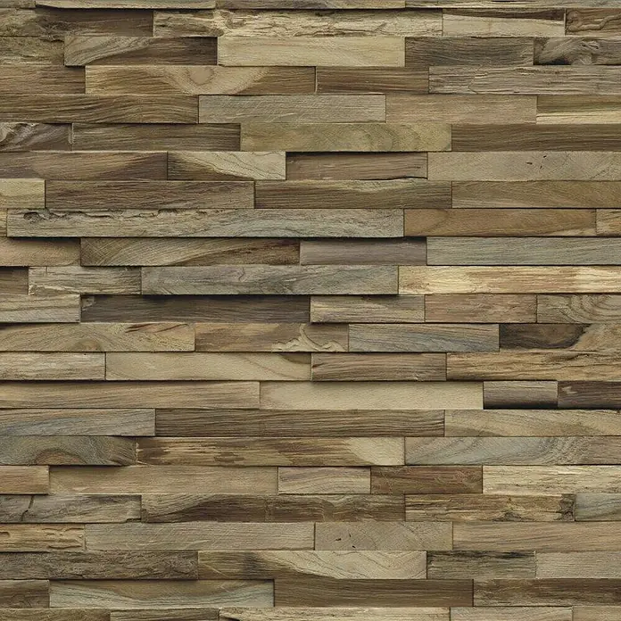 Indo Wandpaneel 3D Wall Elegance Nature - Teak, 500 x 200 x 10 mm - Hölzerne Wandpaneele mit unterschiedlichen Brauntönen und Texturen, die eine rustikale und natürliche Atmosphäre schaffen.