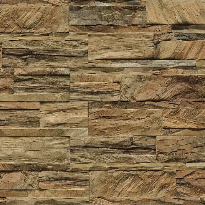Indo Wandpaneel 3D Wall Diamondwood Nature - Teak, 555 x 180 x 10 mm, 1 m² - Rustikale Wandverkleidung aus braunen Holzpaneelen mit markanter Textur und Maserung für ein natürliches Ambiente.