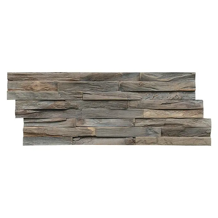 Indo Wandpaneel 3D Wall Elegance Gun Smoked - Teak, 500 x 200 x 10 mm, 1 m² - Dieses Bild zeigt Steinverblendungen, die sich ideal für die Wanddekoration eignen und jedem Raum einen rustikalen Charme verleihen.
