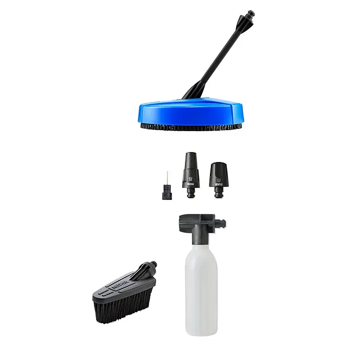 Nilfisk Hidrolimpiadora de alta presión CORE 125 Home - 125 bar, 1.400 W, Capacidad de bombeo: 438 l/h - Kit de accesorios para limpiadora a presión: limpiador de superficies azul, boquillas negras (áspero/suave), cepillo y dispensador de espuma blanco.