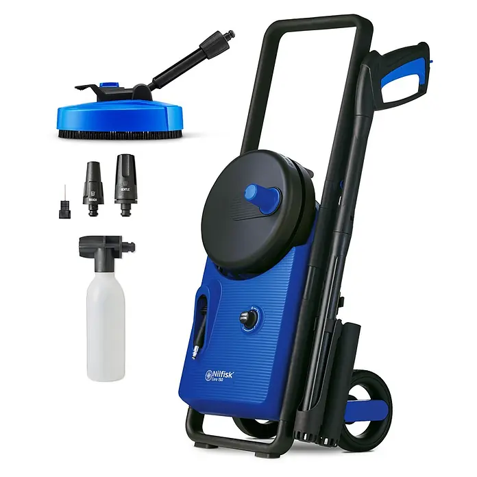 Nilfisk Hidrolimpiadora de alta presión CORE 150 PC - 150 bar, 2.000 W, Capacidad de bombeo: 468 l/h - Hidrolavadora azul y negra con carrete de manguera, boquillas, limpiador de superficies y pulverizador de espuma.