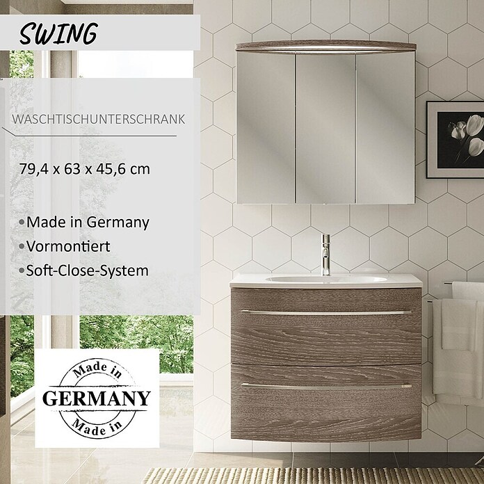 Camargue Swing Waschtischunterschrank (45,5 x 80 x 63 cm, Eiche Maron, Matt)