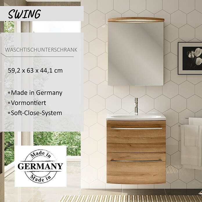 Camargue Swing Waschtischunterschrank (44 x 60 x 63 cm, Berg Eiche, Matt)