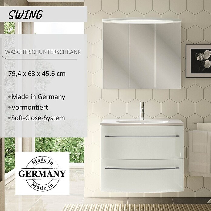 Camargue Swing Waschtischunterschrank (45,5 x 80 x 63 cm, Weiß, Hochglanz)
