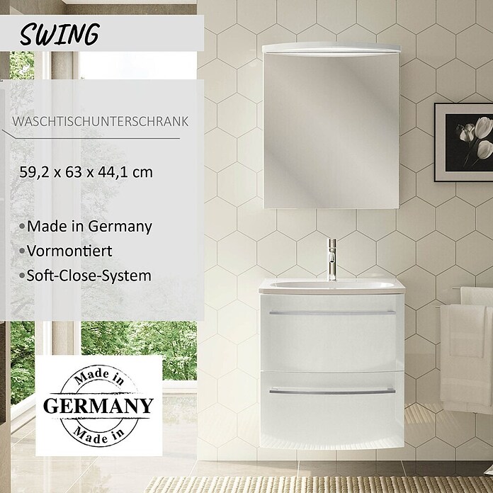 Camargue Swing Waschtischunterschrank (44 x 60 x 63 cm, Weiß, Hochglanz)