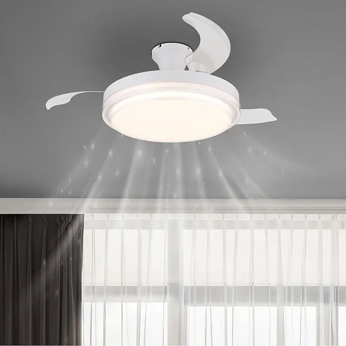 Globo Deckenventilator Beliz - 40 W, Durchmesser: 1.060 mm - Weißer Deckenventilator mit versenkbaren Flügeln und integriertem LED-Licht, der Luft zirkuliert.