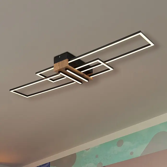 Globo LED-Deckenleuchte Dakari - 40 W, L x B x H: 1.000 x 250 x 97 mm - Moderne schwarze und holzfarbene geometrische LED-Deckenleuchte mit leuchtenden Rechteckrahmen.