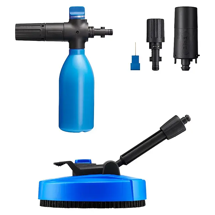 Nilfisk Hidrolimpiadora de alta presión Excellent 170 - 170 bar, 2.100 W, Capacidad de bombeo: 498 l/h - Accesorios para hidrolimpiadora azules y negros, incluyendo una lanza de espuma, un limpiador de superficies con cepillos y varias boquillas.