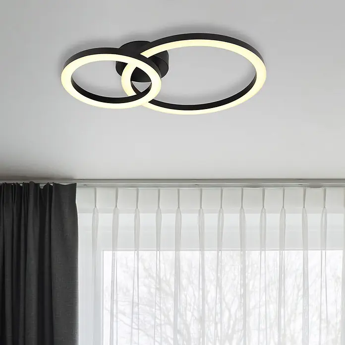 Globo LED-Deckenleuchte Adda - 15 W, L x B x H: 42 x 30 x 7 cm, Schwarz - Moderne schwarze Deckenleuchte mit zwei ineinandergreifenden LED-Ringen, über Fenster.