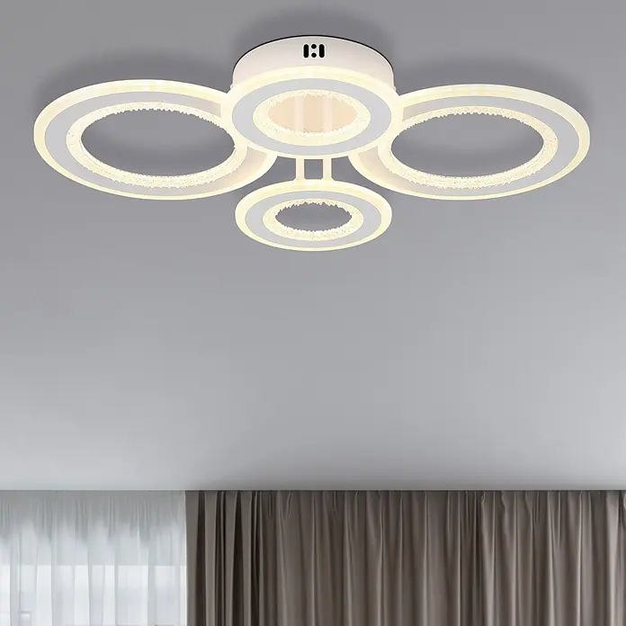 Globo LED-Deckenleuchte Anthony - 54 W, L x B x H: 590 x 420 x 120 mm - Moderne weiße LED-Deckenleuchte mit mehreren glitzernden Ringen, die einen Raum erhellt.