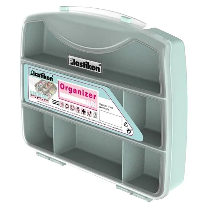 Plastiken Titanium Organizador de piezas pequeñas - L x An x Al: 15,2 x 18,6 x 3,4 cm, Menta - Organizador de plástico gris con tapa transparente y múltiples compartimentos internos para almacenamiento.