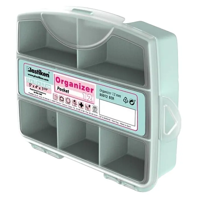 Plastiken Titanium Organizador de piezas pequeñas - L x An x Al: 10 x 13 x 3 cm, Menta - Organizador de bolsillo de plástico transparente gris claro con 12 compartimentos.