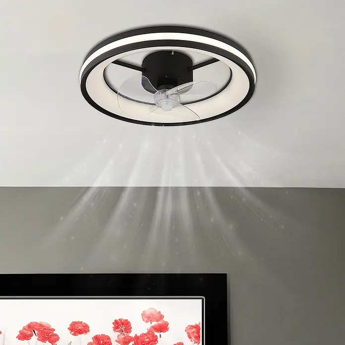 Globo Deckenventilator Gatian - 30 W, Durchmesser: 500 mm, Schwarz - Schwarzer Deckenventilator mit integriertem LED-Lichtring und transparenten Flügeln, erzeugt abwärts gerichteten Luftstrom.