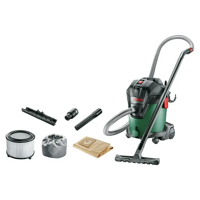 Bosch Elektro-Nass- & Trockensauger AdvancedVac 201.200 W, Behältervolumen: 20 l - Abbildung eines Bosch AdvancedVac 20 Nass-/Trockensaugers mit Zubehör, der Vielseitigkeit für verschiedene Reinigungsaufgaben bietet.
